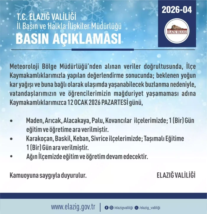 Elazığ'ın bazı il&ccedil;elerinde eğitime kar engeli