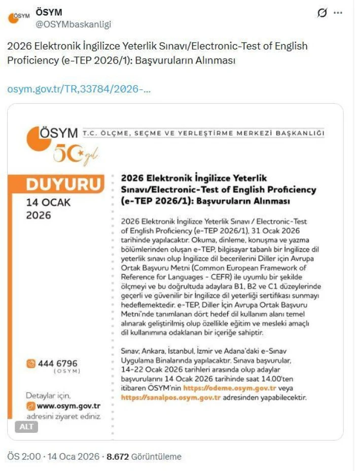 Elektronik İngilizce Yeterlik Sınavı başvuruları başladı